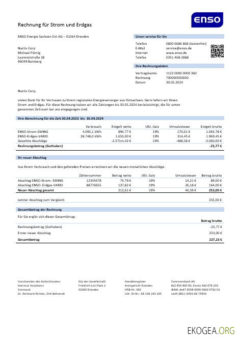 Allemagne ENSO rechnung für strom und erdgas modèle de facture de services publics aux formats Word et PDF1